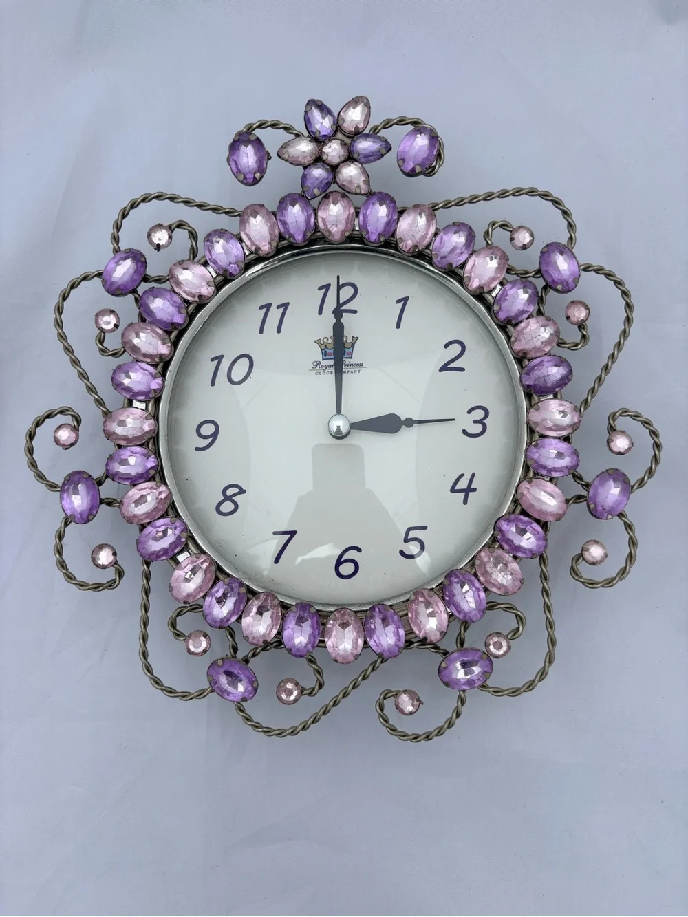 Royal Princess Clock Company Decorative Wall Clock with Purple Gems WORKS!